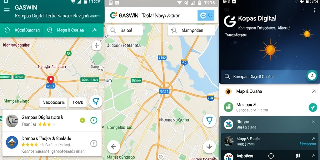 Antarmuka GASWIN menampilkan kompas digital yang sederhana dan intuitif.