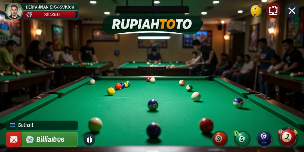 Tampilan antarmuka RUPIAHTOTO yang menarik saat bermain billiard.