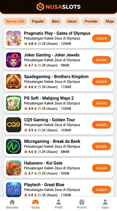 Tampilan katalog aplikasi nusaslots